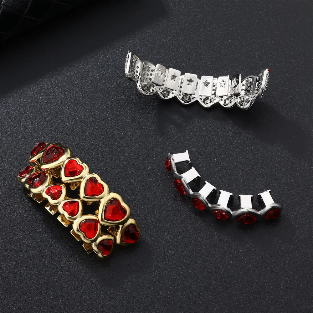 RACHELZ 6/6 Red Crystal Heart Tooth Caps For Women Men Jewelry Hip Hop Silver Color Green Zircon Teeth Dental Grills 250427