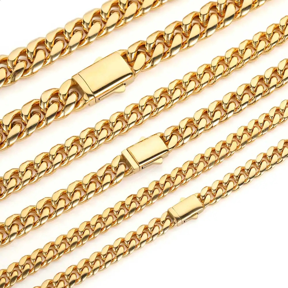 High Quality Width 8-14mm Stainless Steel Gold Color Cuban Chain Waterproof Men woman Curb Link Necklace Various Sizes 250427