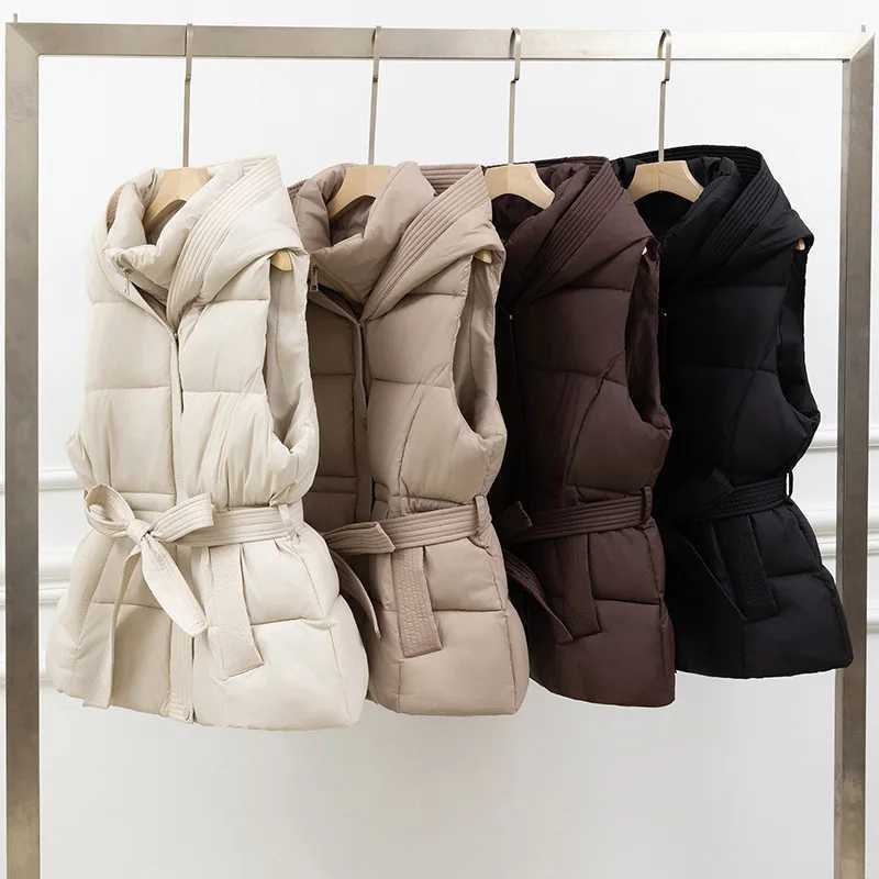 Women Vest Jackets Casual Solid Short Coats Lace Up Hooded Sleeveless Zipper Pockets Loose Cinched Waist Office Lady 2025 WinterT251128