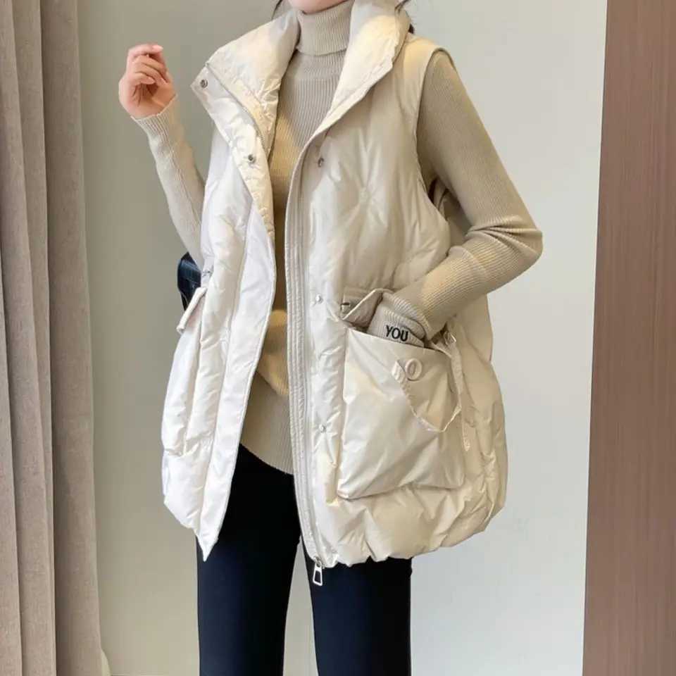 2025 Autumn Winter Women Solid Loose Vest Drawstring Stand Collar Short Jacket Cotton Padded Warm Waistcoat J21T251128