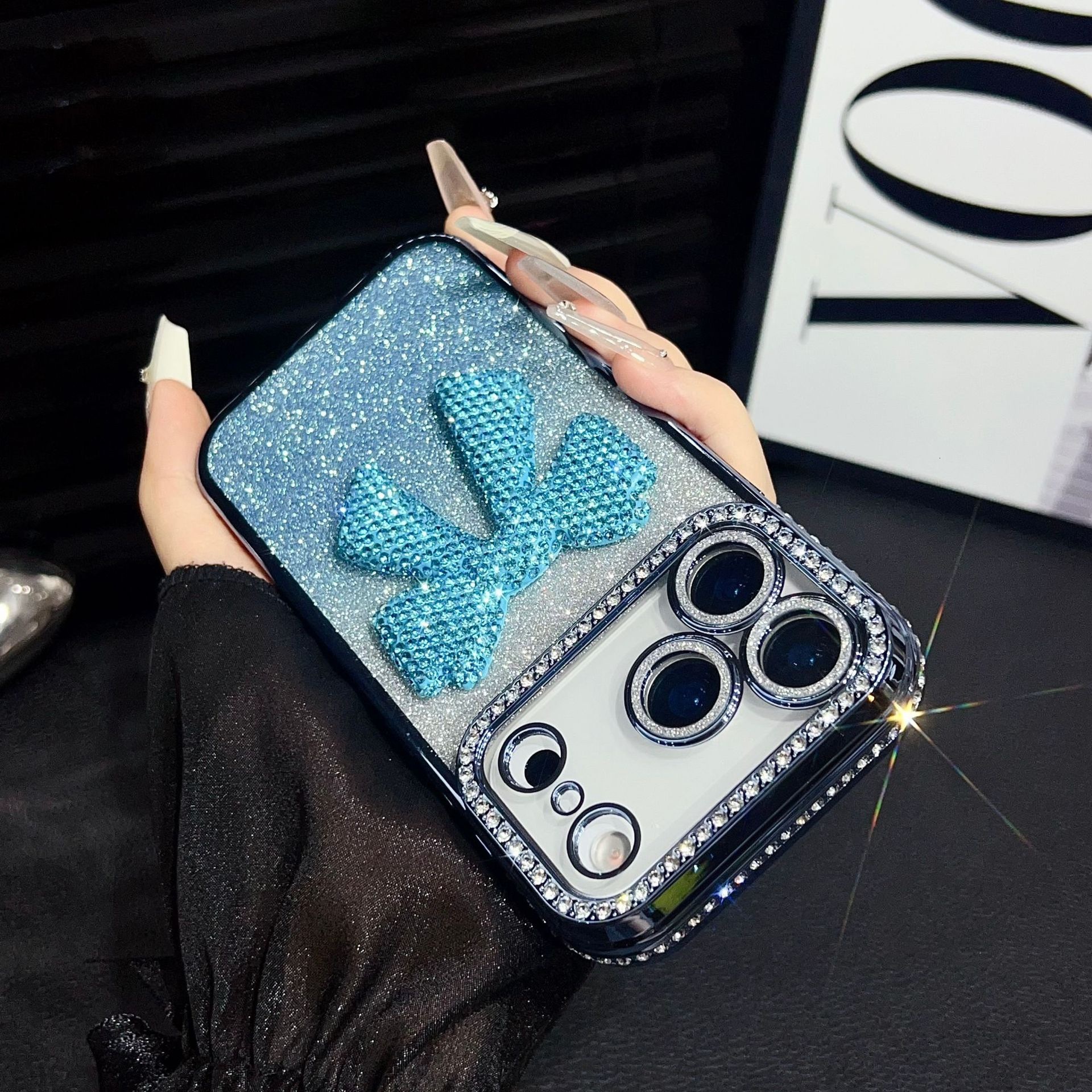 Electroplated 3D Rhinestone Bowknot Phone Case iPhone 17 Pro Max Compatible with Apple 16/15 Gradient Glitter Paper Protective Case