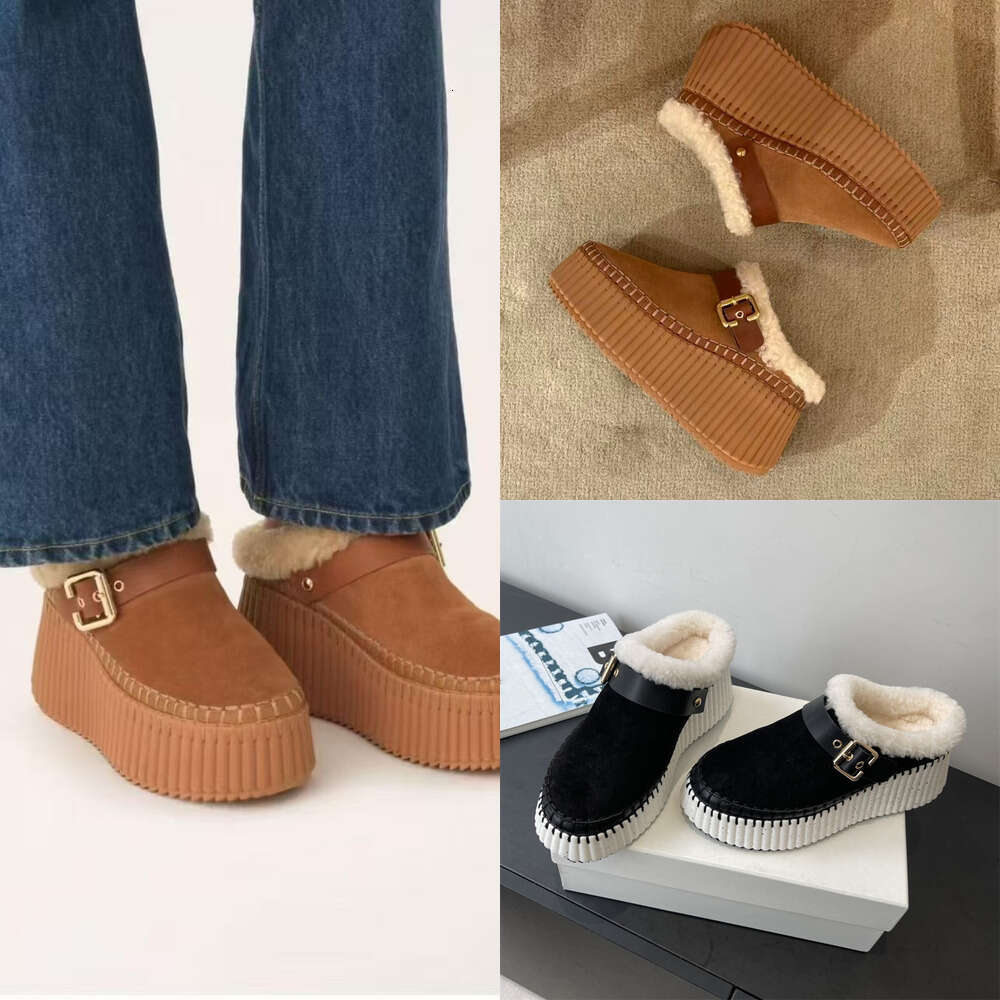 Woman shoe Designer boot Snow boots luxury Ankle Buckle Thick Sole flat Suede fluffy Furry shearling Plush Fur boot Warm ski clog winter boot Outdoor Casual shoes