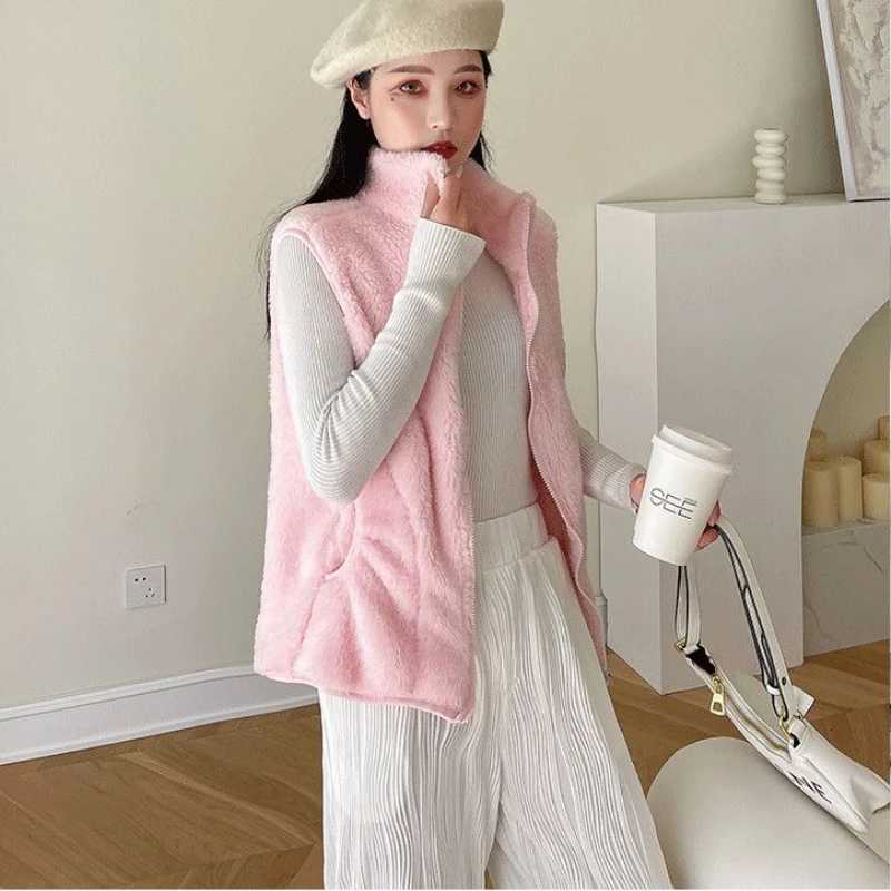 Fleece Vest Tank Tops Women Autumn Winter Zipper Sweatshirt Sleeveless Jacket Cardigan Warm Streetwear Waistcoats Cute NewT251128