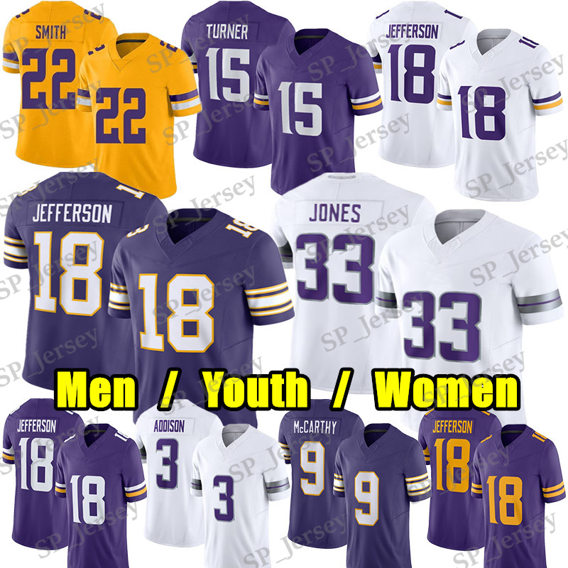 #18 Justin Jefferson Football Jersey #9 JJ McCarthy Addison Aaron Jones Ivan Pace Jr Brett Favre Randy Moss Harrison Smith Turner Adam Thielen Donovan Jackson jerseys