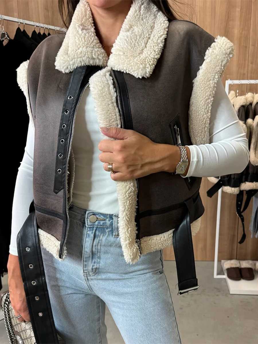 Dourbesty Women Fashion PU Leather Casual Vest Fur Collar Sleeveless Zipper Faux Shearling Vest 2025 Biker Moto Jacket OuterwearT251128