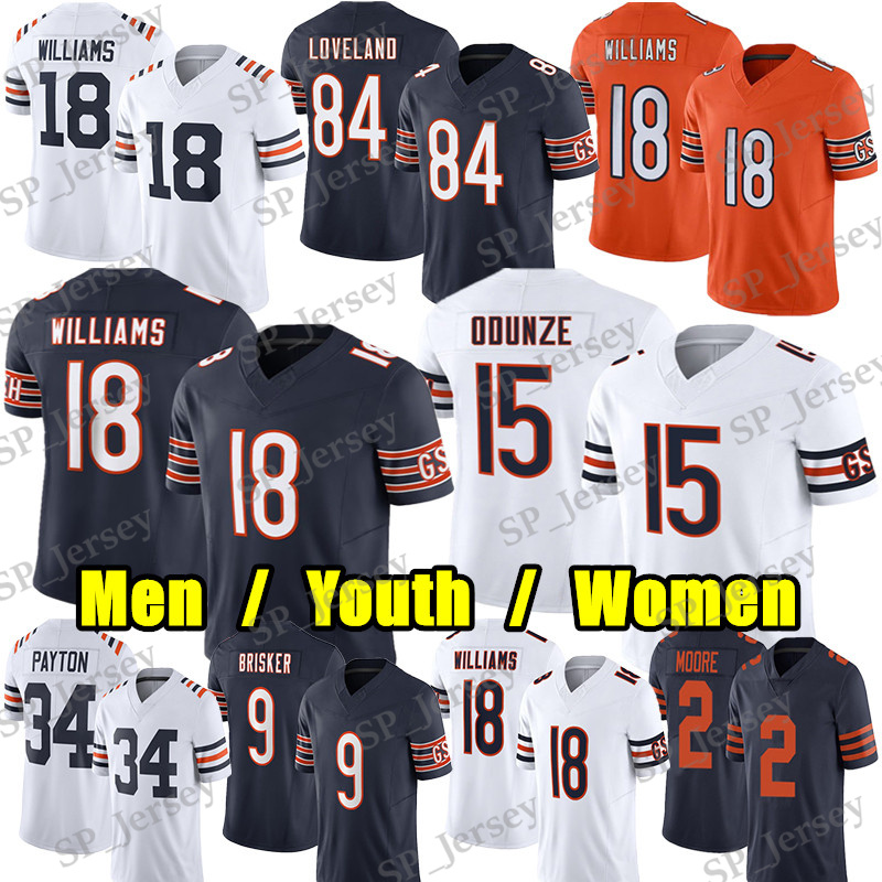 #18 Caleb Williams Football Jersey #15 Rome Odunze Colston Loveland DJ Moore Montez Sweat Cole Kmet Darnell Wright Brian Urlacher Walter Payton Jaquan Brisker jerseys