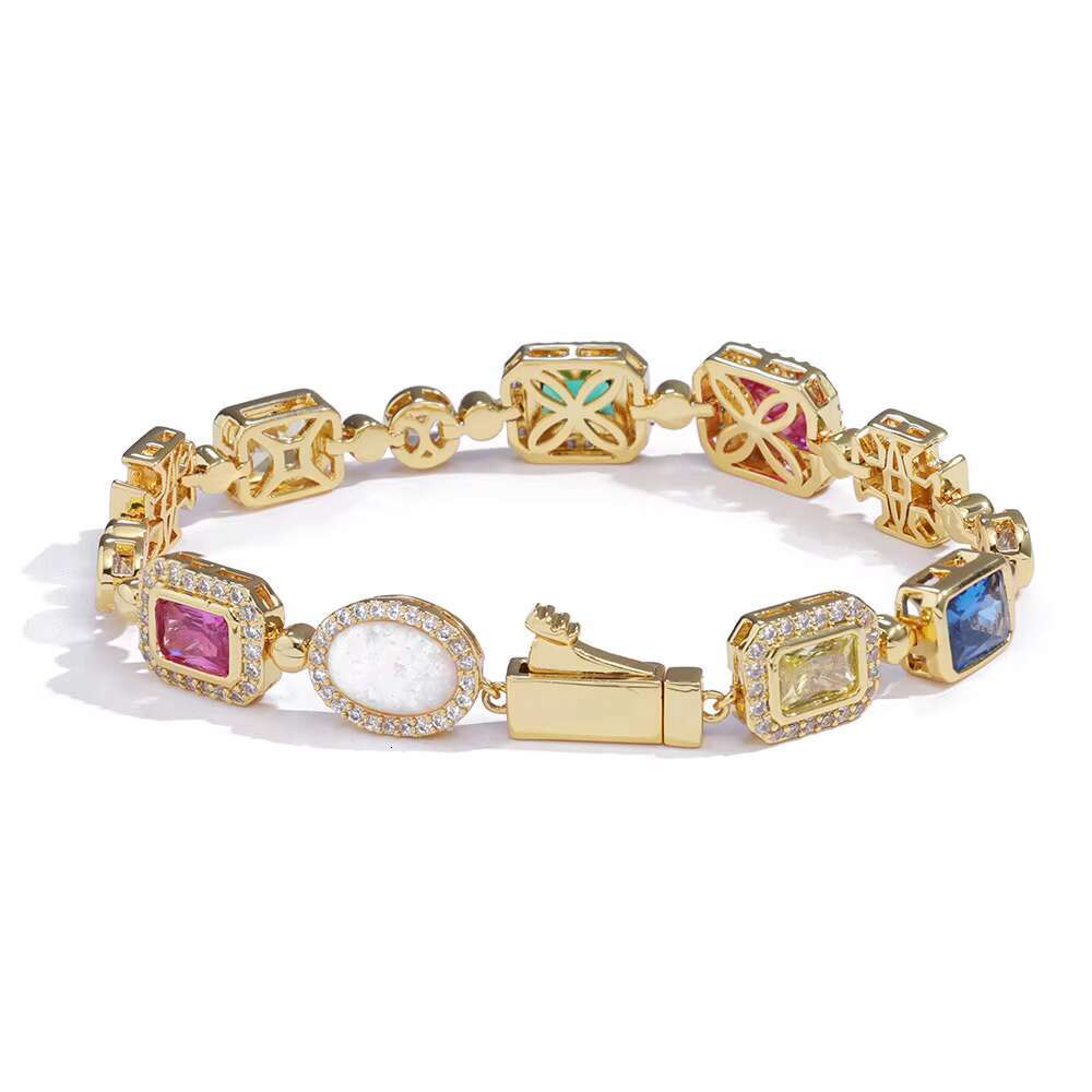 Customizable Silver Geometric Gemstone Motif Iced Chain Necklace Multi-Color Enamel Bling Stones Gold Plated Brass Bangles