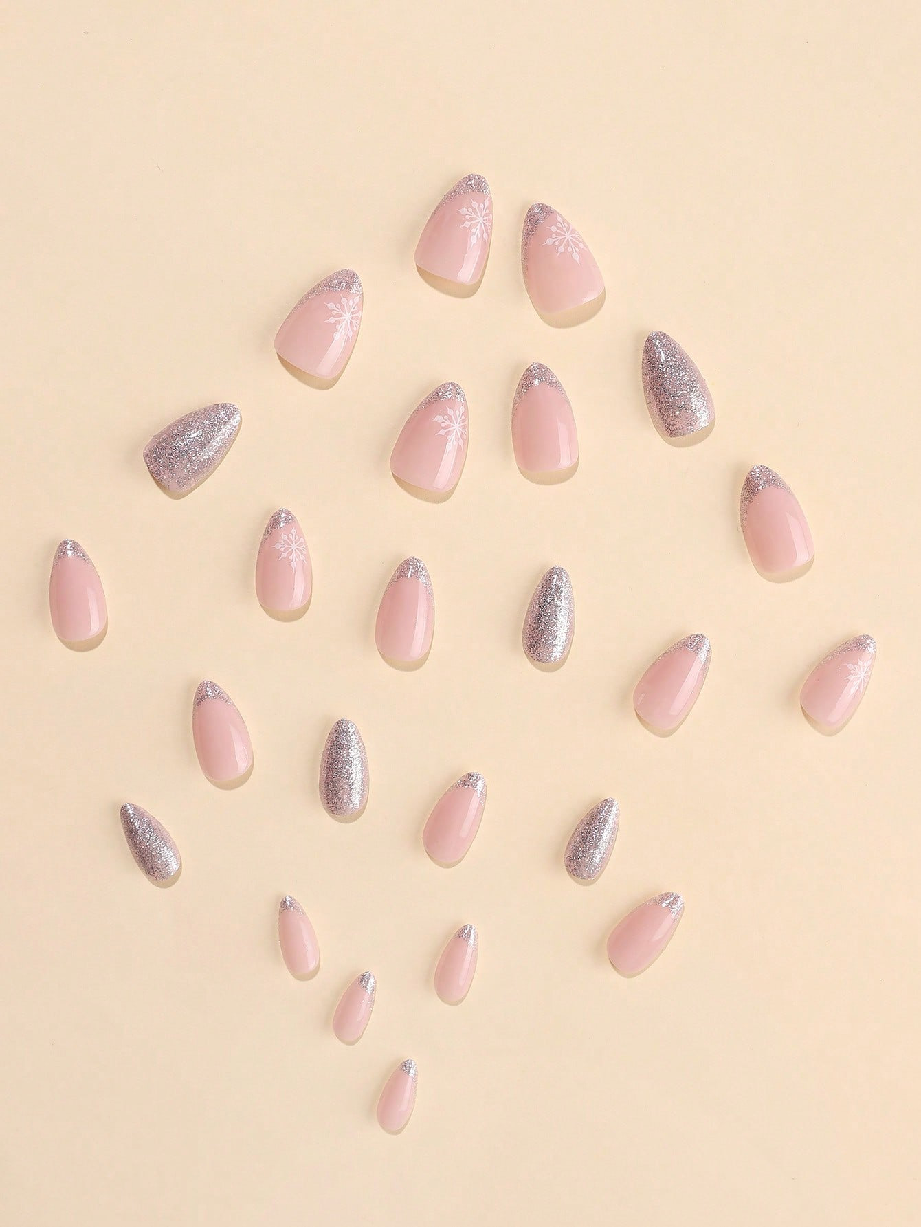 24 pieces Fake nails press-on Christmas sweet style silver glitter French manicure snowflake, pink nails, suitable for girls and women for dates, gift
