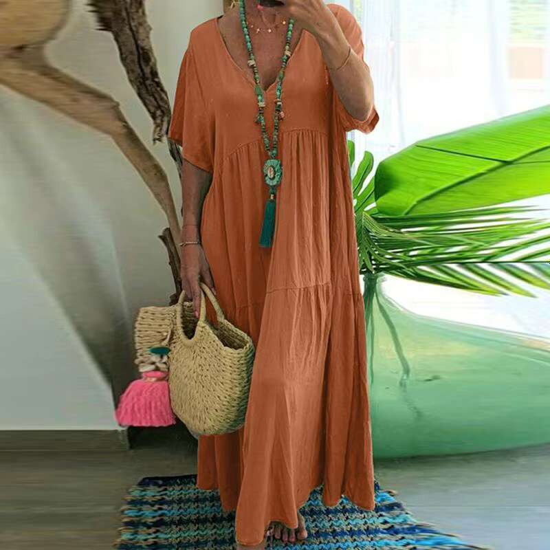 DHEssentials Women's Cotton And Linen Loose Long Maxi Summer V-neck Short Sleeved Solid Oversized Dress With Size S-5XL