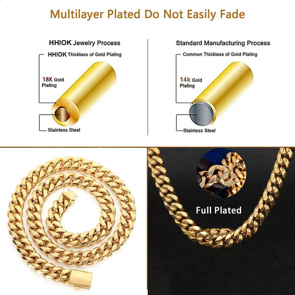 High Quality Width 8-14mm Stainless Steel Gold Color Cuban Chain Waterproof Men woman Curb Link Necklace Various Sizes 250427