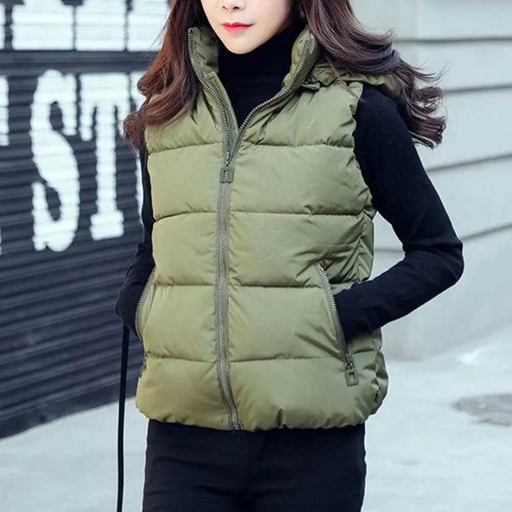 Sleeveless Stand Collar Slant Pockets Zipper Vest Overcoat Women Winter Removable Hat Warm Cotton Padded Waistcoat OuterwearT251128