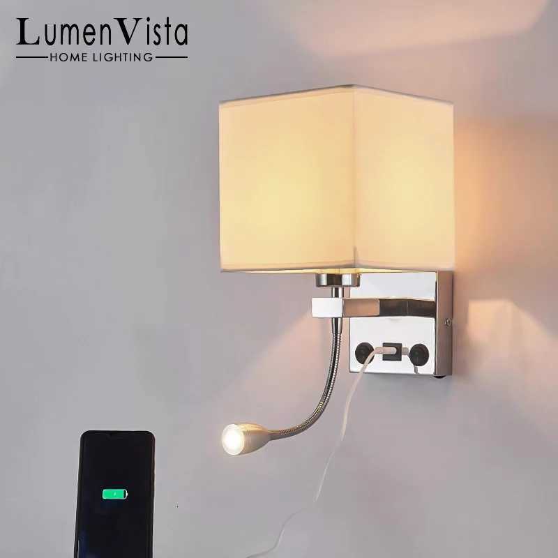 Modern LED Wall Lamps with Switch USB Reading Lights Fabric Art Retro Home Light Study Bedroom Hotel Bedside Wall Light M251128