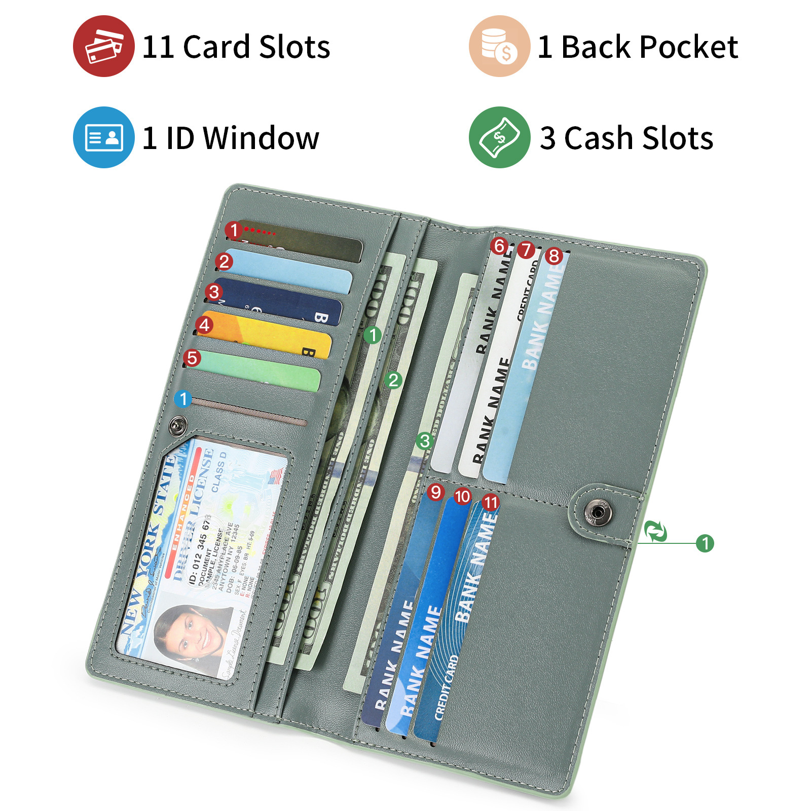 Wallets Women's Long Bifold Wallet - 11 Card Slots, 3 Cash Compartments & ID Window (Leather, Gray)