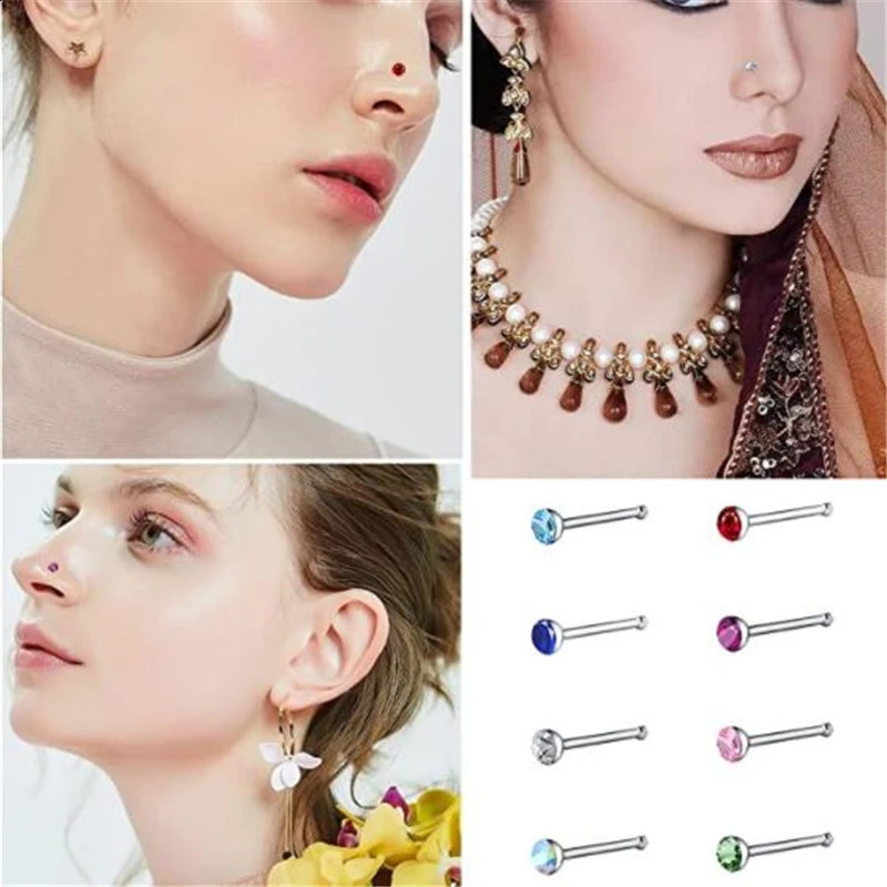1Set 24pcs 1.8/2.5/3mm Steel Nose Rings Kit Hypoallergenic Studs Crystal Body Piercing Jewelry Accesories For Women Men 250427