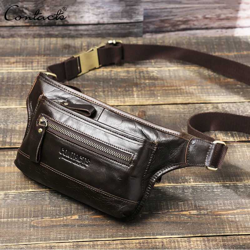 CONTACTS Genuine Leather Men Waist Pack Casual Male Fanny Pack Waist Bag Banana Pouch Cell Phone Travel Crossbody Chest BagsT251128