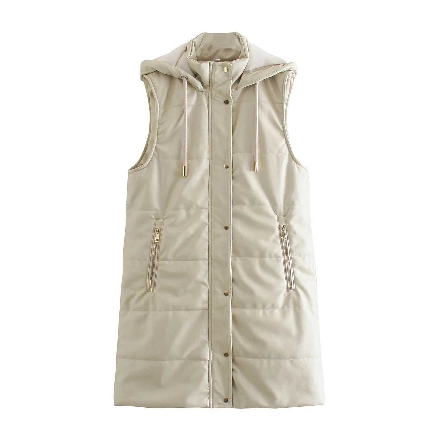 2025 Womens new hooded thickened warm imitation leather sleeveless zipper cotton suit vest PU vest cotton coatT251128