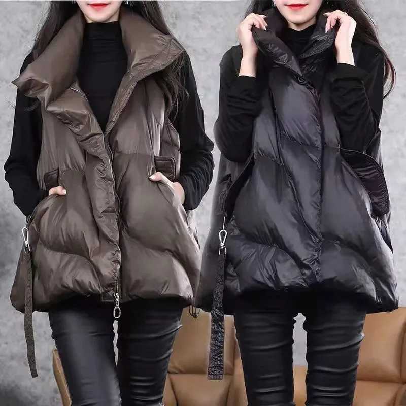 New Winter Down Cotton Vest Women Loose Solid Sleeveless Jacket Coat Female Warm Vests Autumn Lightweight Waistcoat Brown BlackT251128