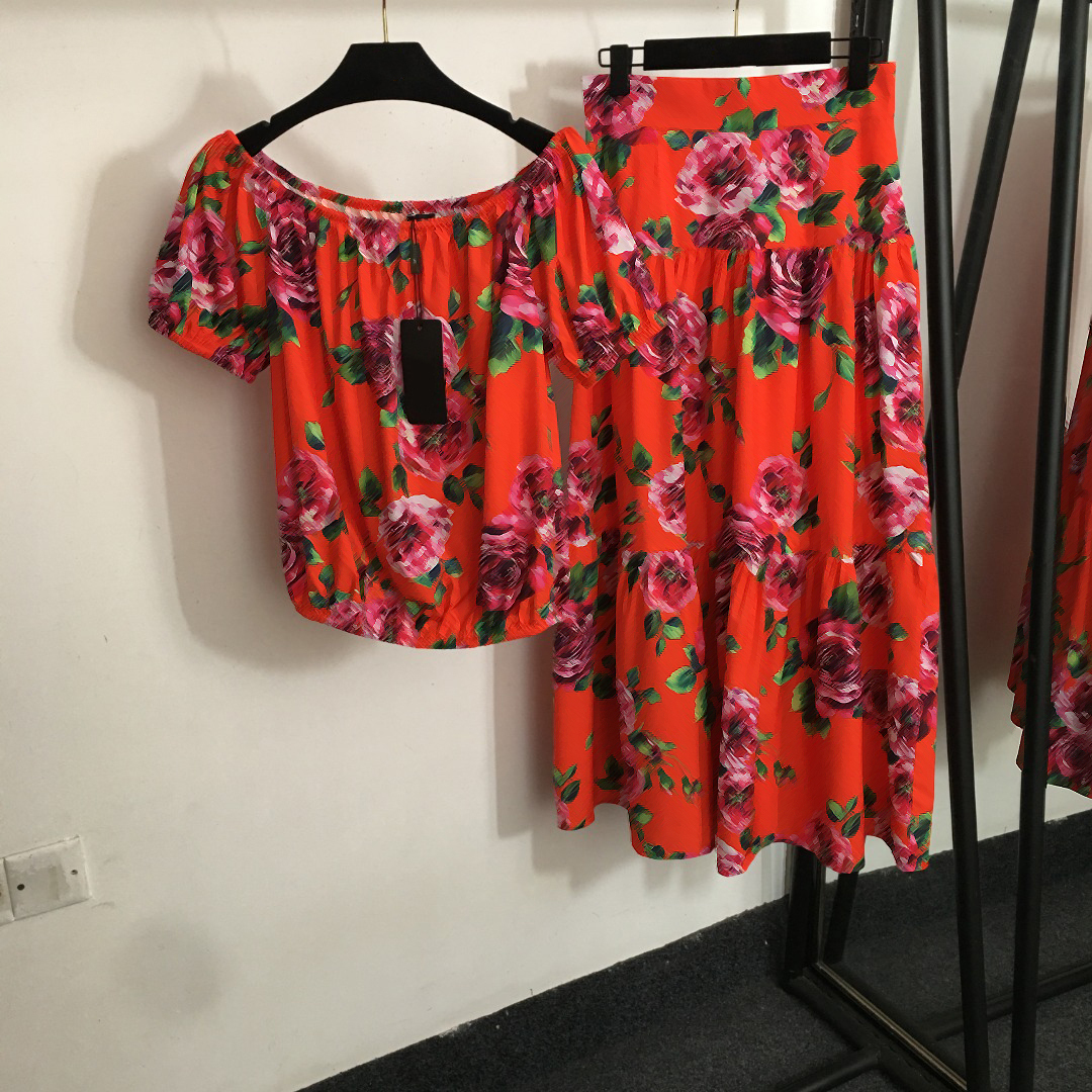 skirt women designer dress girl brand summer Two piece set fashion flower printing logo ladies short sleeved shirt lady high-quality high waist half skirt Apr 26