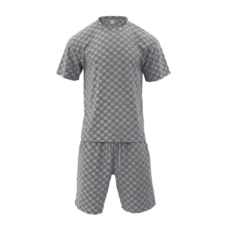 Mens sportswear summer high street jacquard checkered T-shirt two-piece set mens casual retro loose O-neck top 250422