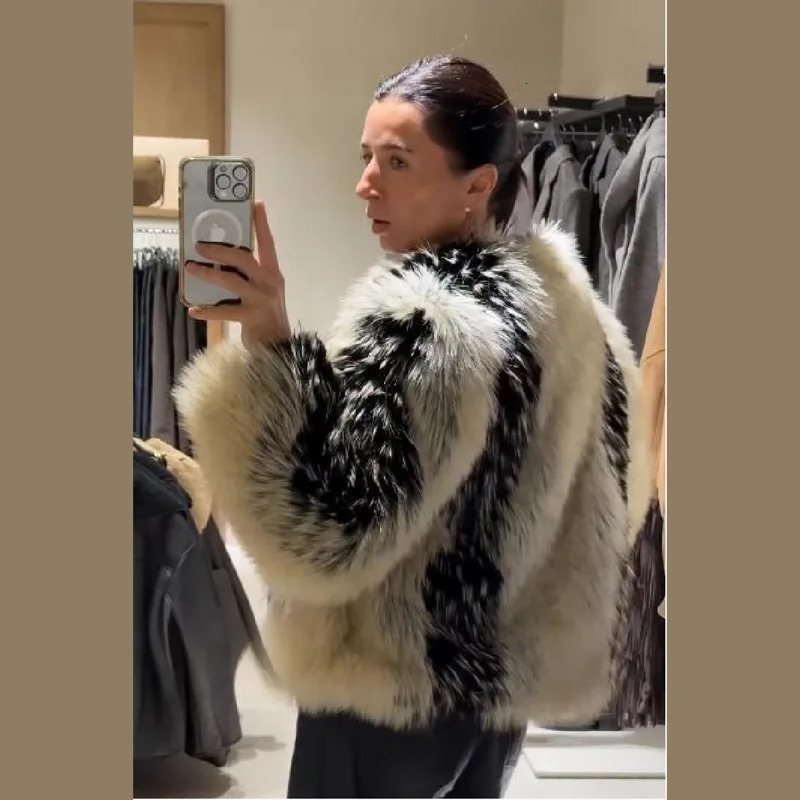 Female Fluffy Faux Fur Parka Chic Coats Black White Plush Warm Thick Fashion Jacket Autumn Winter Casual Versatile Outwear 251128