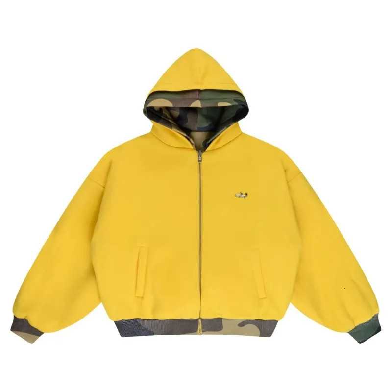 Street camouflage yellow splicing double-sided zip up hoodies men hip-hop Y2K Harajuku thickened warm winter sweatshirts 251128