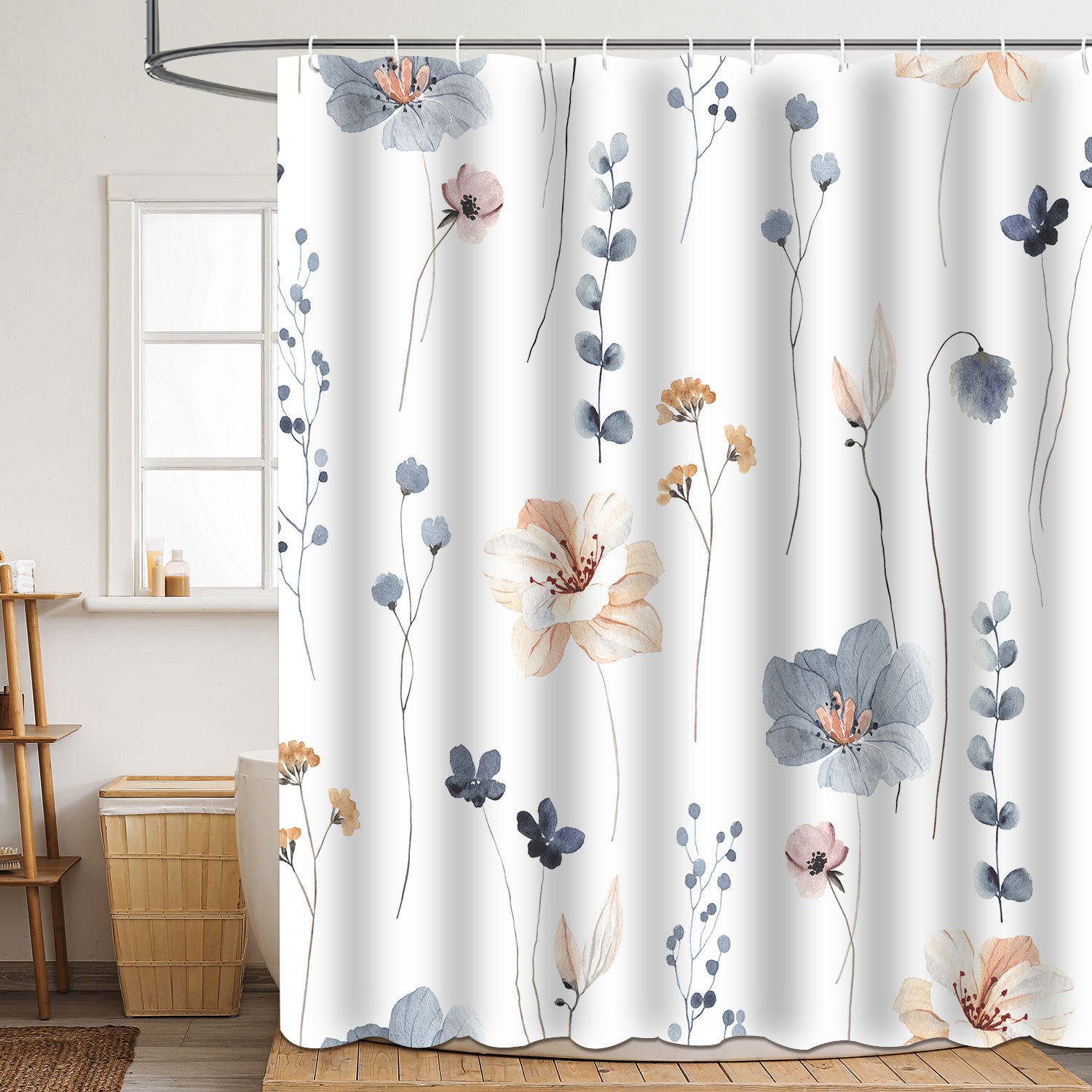 YL-37831 Floral and Leaf Polyester 3D Digital Printed Shower Curtain, Waterproof and Mildew-proof Shower Bathroom Partition Curtain
