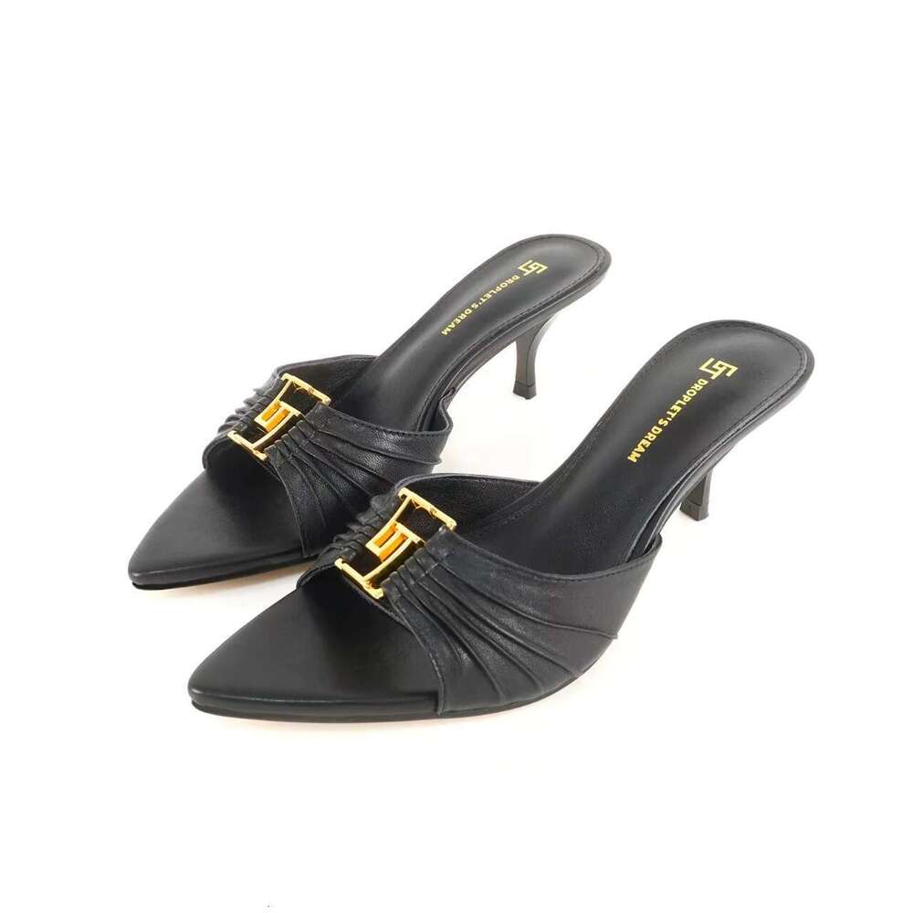 2025 Summer New Super High Leather Folded Metal Buckle Pointed Open Toe Cool Dragging Thin Heel Women's Shoes