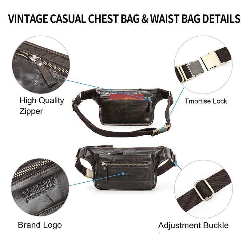CONTACTS Genuine Leather Men Waist Pack Casual Male Fanny Pack Waist Bag Banana Pouch Cell Phone Travel Crossbody Chest BagsT251128