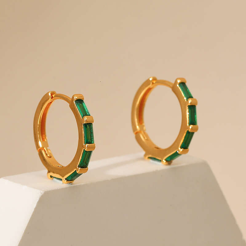 Cross-Border Hot Selling Emerald Zircon Small Hoop Earrings Copper Plated 18K Real Gold Vintage Style No Need to Remove While Sleeping