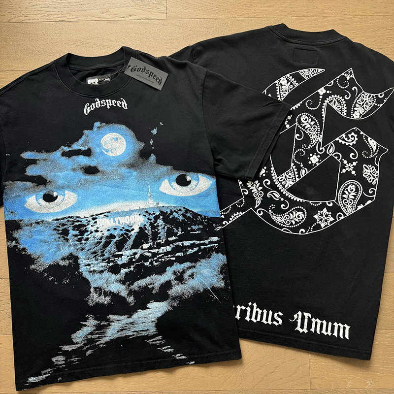 Statue Printed GOD SPEED Black Short Sleeve High Street Round Neck Pure Cotton Godspeed T-shirts
