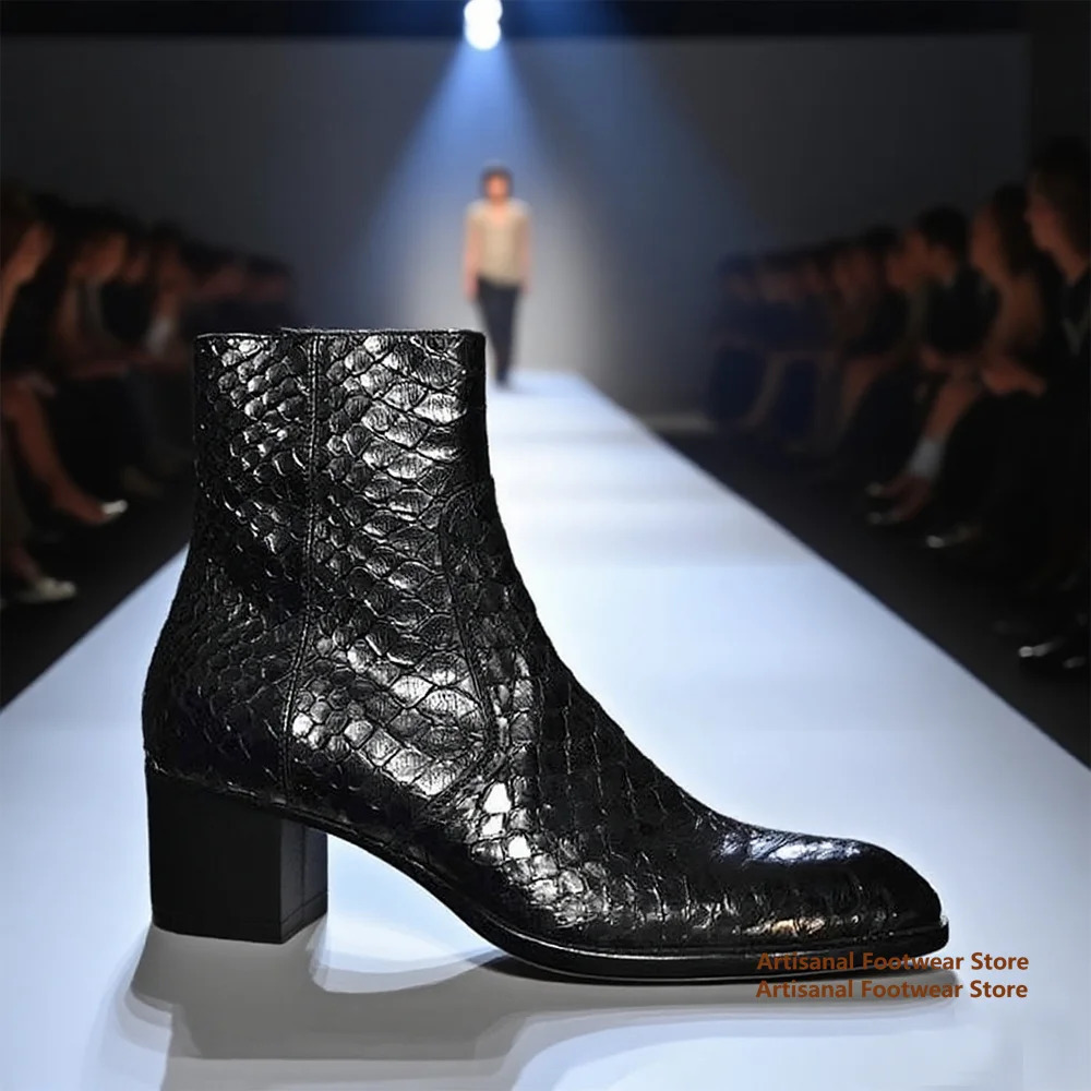 Snake Pattern Chelsea Boots for Men Spring and Summer Side Zipper High-Top Leather Booties British Style Handmade Men Boots 251126