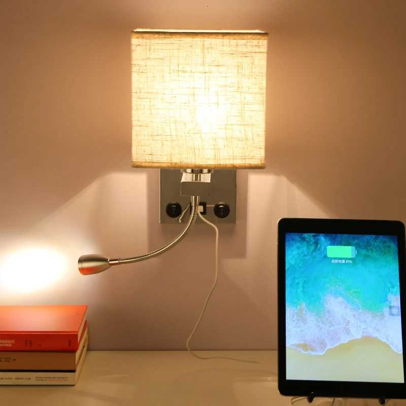 Modern LED Wall Lamps with Switch USB Reading Lights Fabric Art Retro Home Light Study Bedroom Hotel Bedside Wall Light M251128