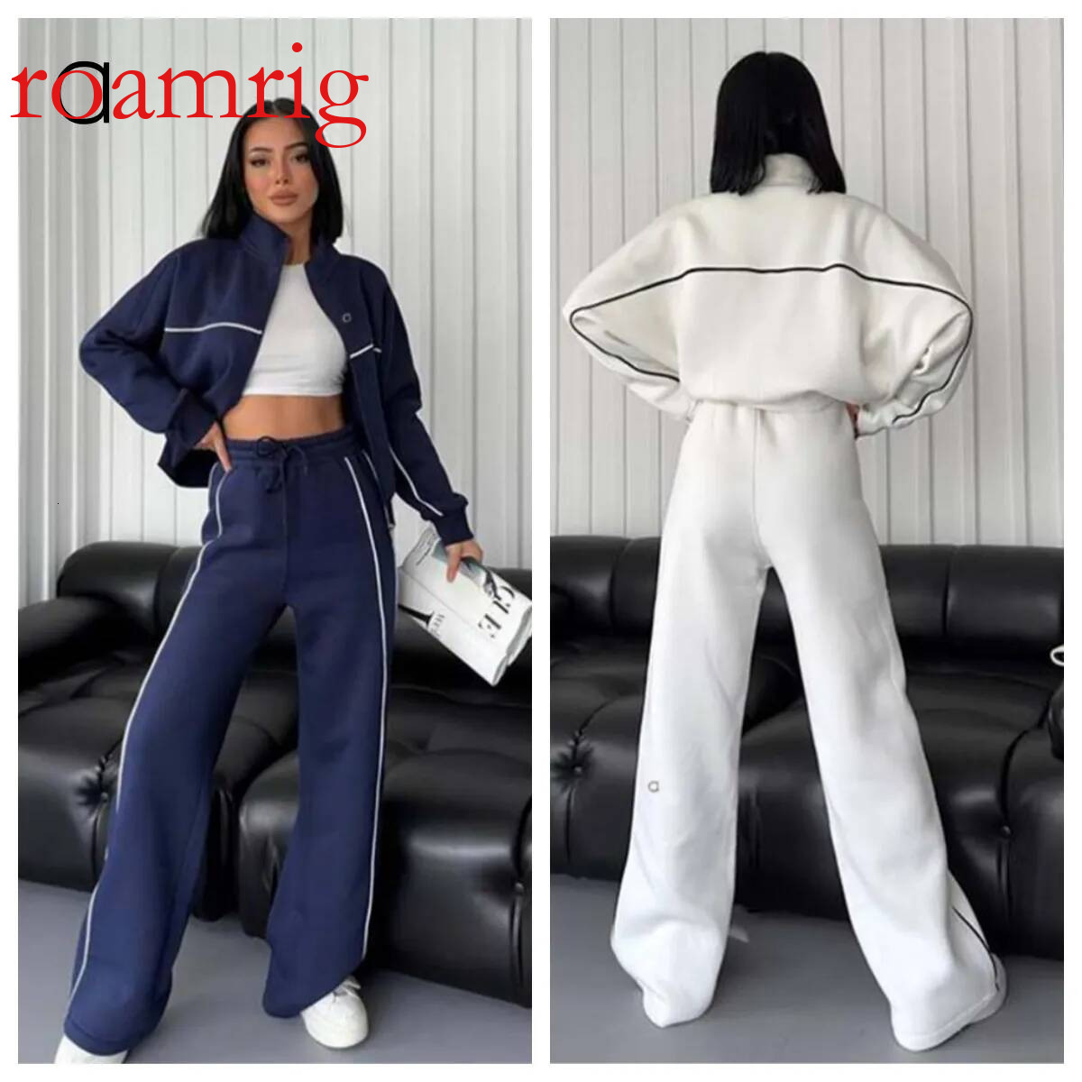 A456 Women's 3D Sier Long Sleeve Semi-high Neck Jackets Sweater Sports Striped Pants Leisure Suit