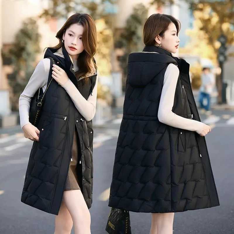Winter Down Cotton Sleeveless Vest Women Warm Hooded Mid Long Jacket Casual Female Waistcoat Fashion Outerwears Chaleco MujerT251128