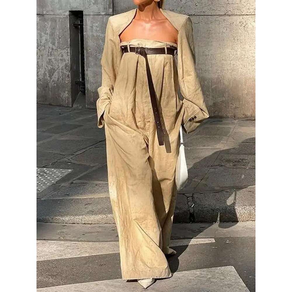 Yeezzi 2024 New Female Fashion Long Sleeves Collarless Outerwear Tops & Strapless Wide Leg Tube Belted Jumpsuits Two Pieces Sets