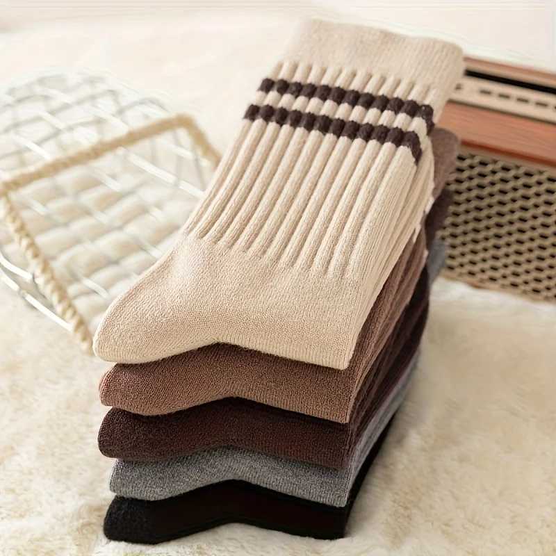 5 Pairs of Brown Two-Bar Mid-Calf Socks Autumn And Winter Korean Style Fashionable All-Match WomenS Socks J251128
