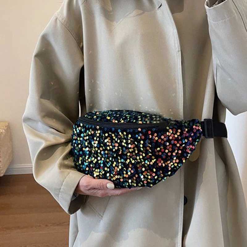 Neutral style womens and mens shoulder bag with sequins in black and colorful design high-end waist bagT251128