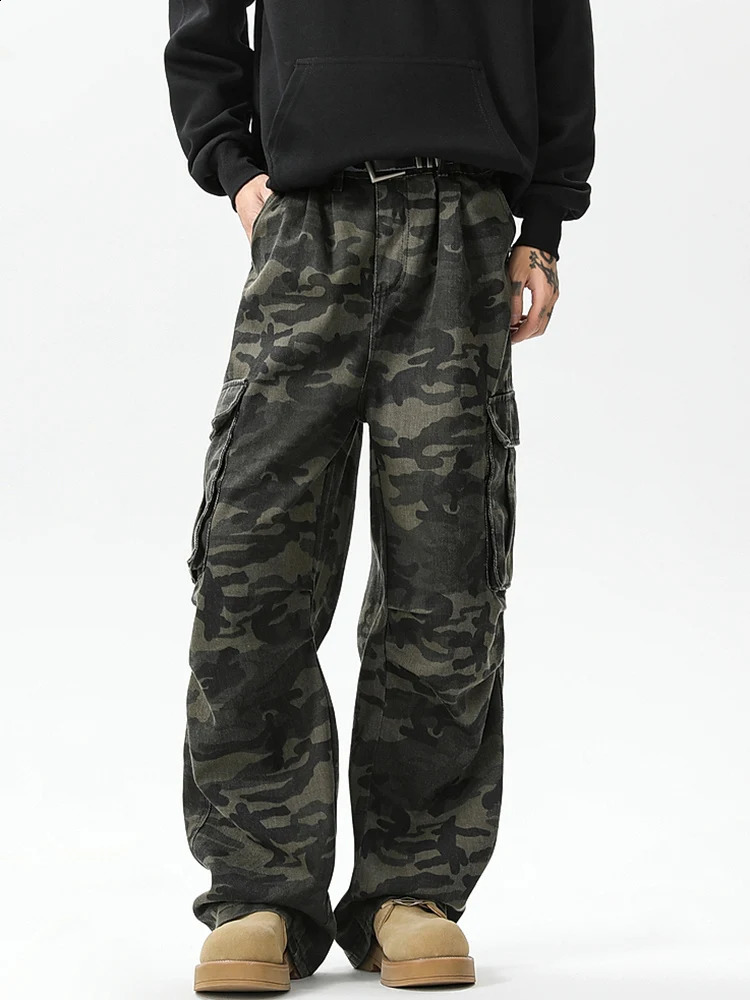 Mens fashion pants jeans washed camouflage multi pocket straight wide leg mens pants jeans style 250423