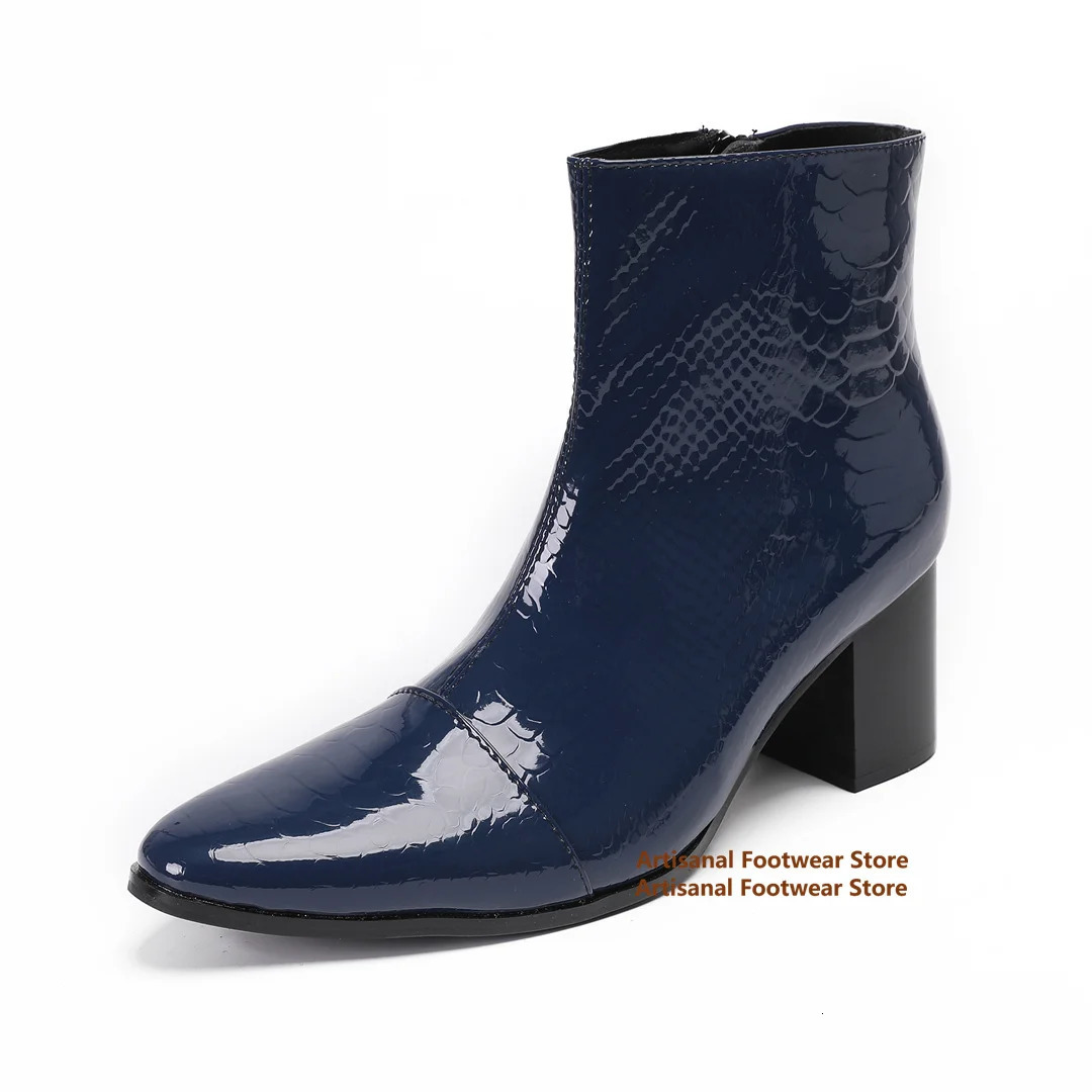 Dark Blue Men Boots Side Zipper Leather High-Top Booties British Style Handmade Botas High Heel Party Men Shoes 251126