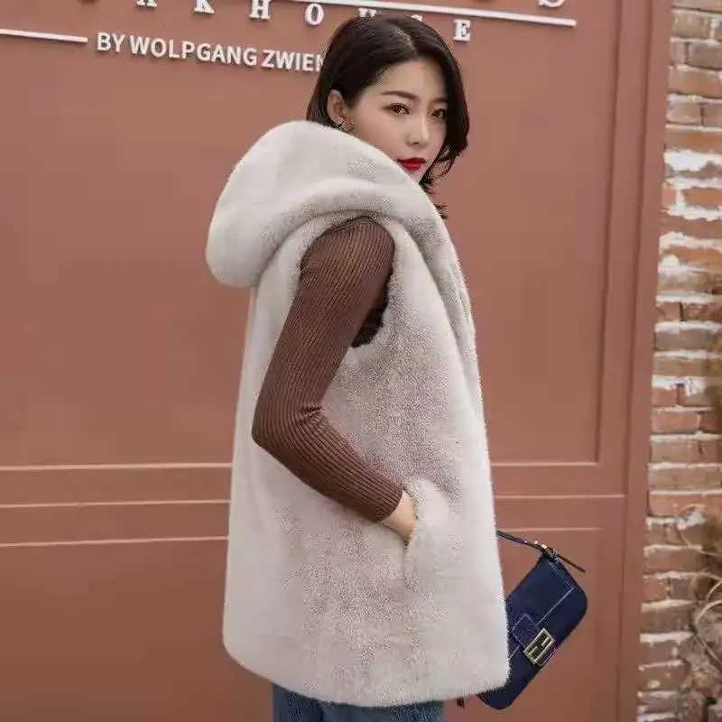 Hooded Vest Coat Womens Long 2025 Autumn Winter New Fur Imitation Rex Rabbit Fur Sleeveless Jacket Fashion Waistcoat Top FemaleT251128