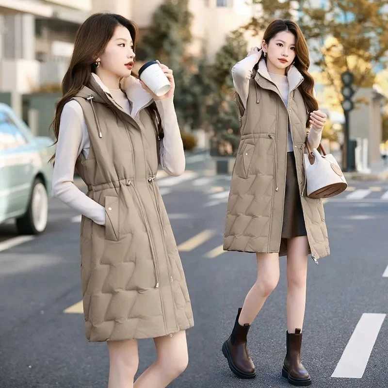 Winter Down Cotton Sleeveless Vest Women Warm Hooded Mid Long Jacket Casual Female Waistcoat Fashion Outerwears Chaleco MujerT251128
