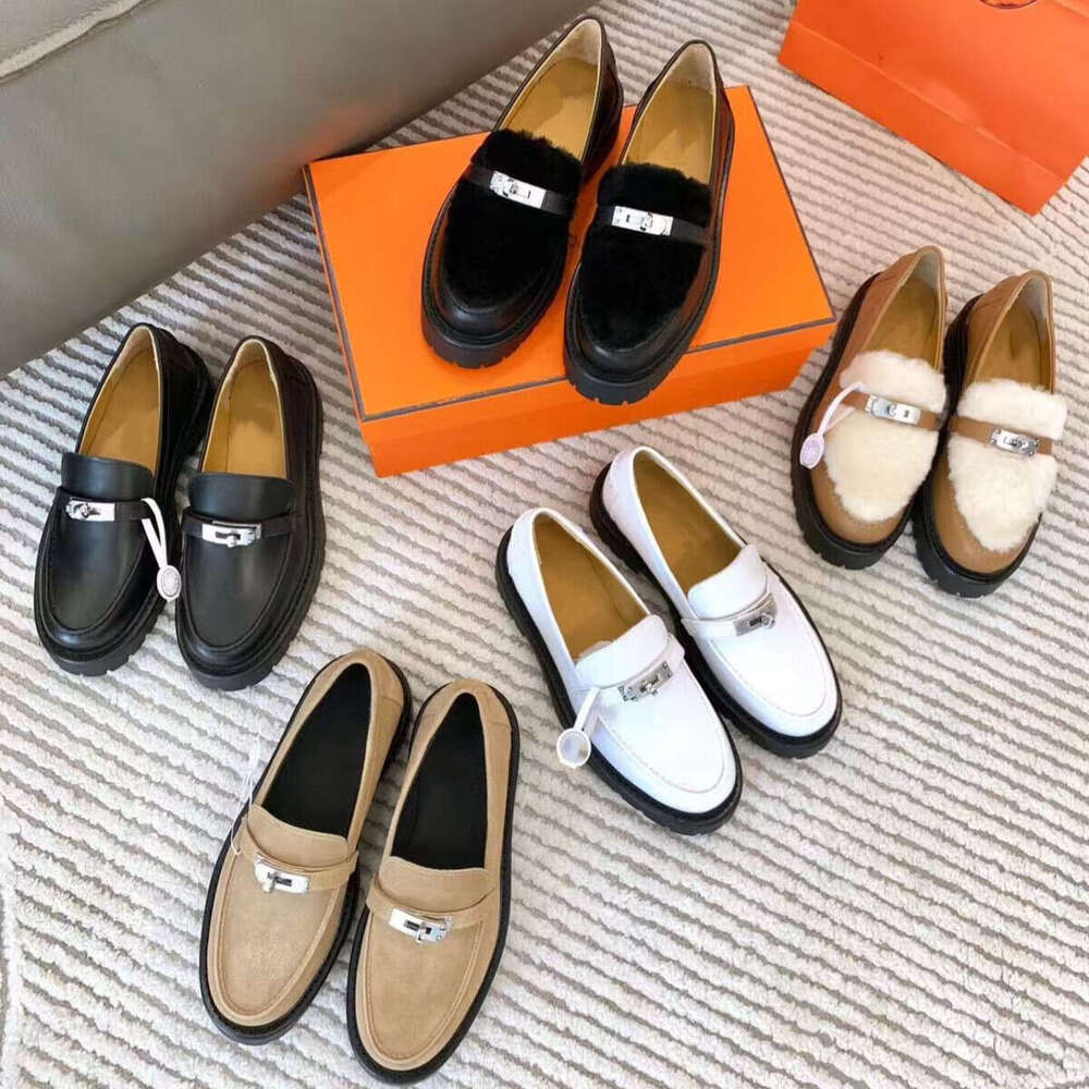 New top Luxury woman shoe designer loafers Classic kelly Silver buckle genuine leather Platform Flat heel Dress Slip-On fur loafer Vacation shoes dress shoe