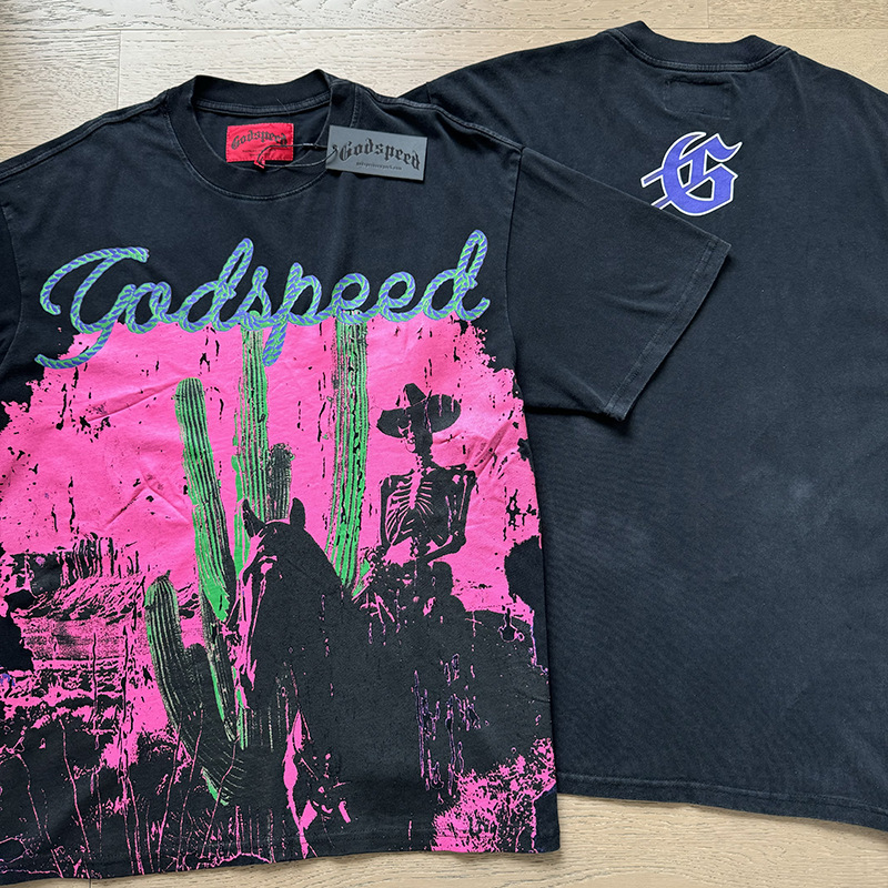 Letter Skull Flowers Print Godspeed T-Shirts American Streetwear Fashion Hip Hop Vintage Men Women Couple Short Sleeve Tops