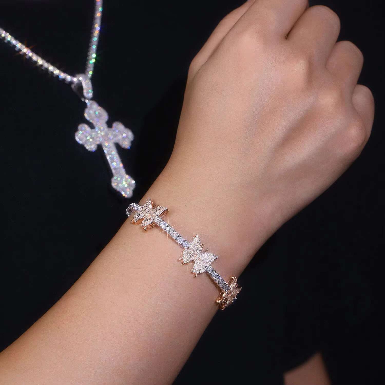 DE Butterfly Moissanite 925 Silver Tennis Chain Hip Hop Women Men Moissanite Tennis Bracelet Tarnish Free Butterfly Tennis Chain