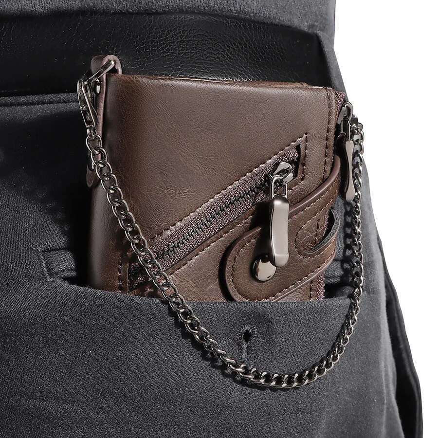 Classic retro Chain RFID Anti Theft Men s Leather Wallet Double Zipper Coin Purse Credit Card Holder for Men designer wallet