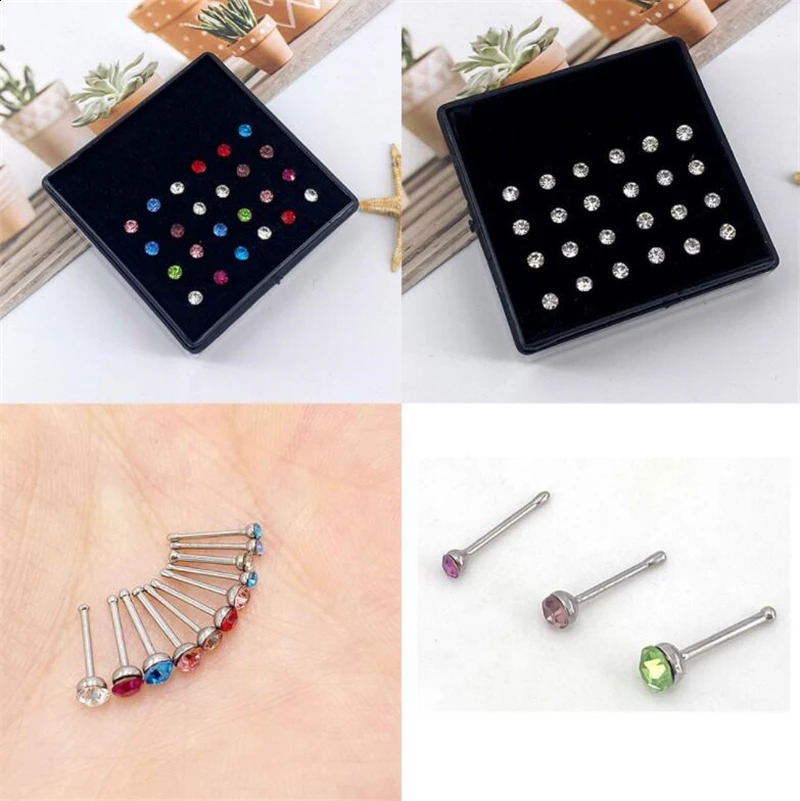 1Set 24pcs 1.8/2.5/3mm Steel Nose Rings Kit Hypoallergenic Studs Crystal Body Piercing Jewelry Accesories For Women Men 250427