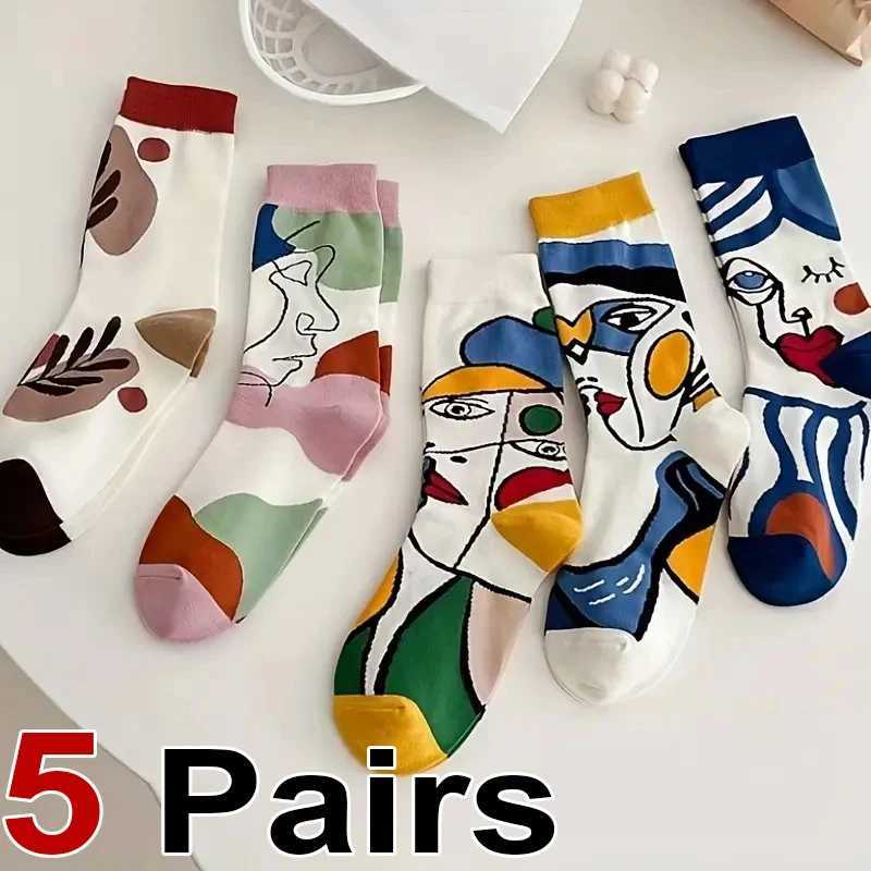 5 Pairs Elegant Graffiti Women Mid Tube Socks Fashionable Oil Painting Art Printing Soft Comfortable All Season Casual Socks J251128