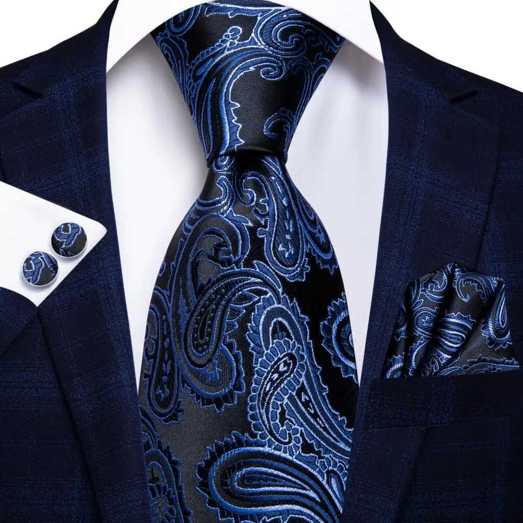 Hi-Tie Designer Black Blue Paisley 63inch Silk Men Tie 160cm Extra Long Ties for Men Woven Classic Men Necktie Pocket Square Set X251128