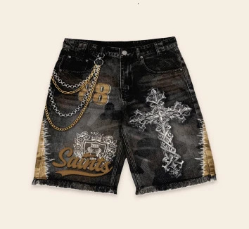 American retro cross niche letter print loose denim old shorts mens street fashion gothic casual sweatshirt suit 251128