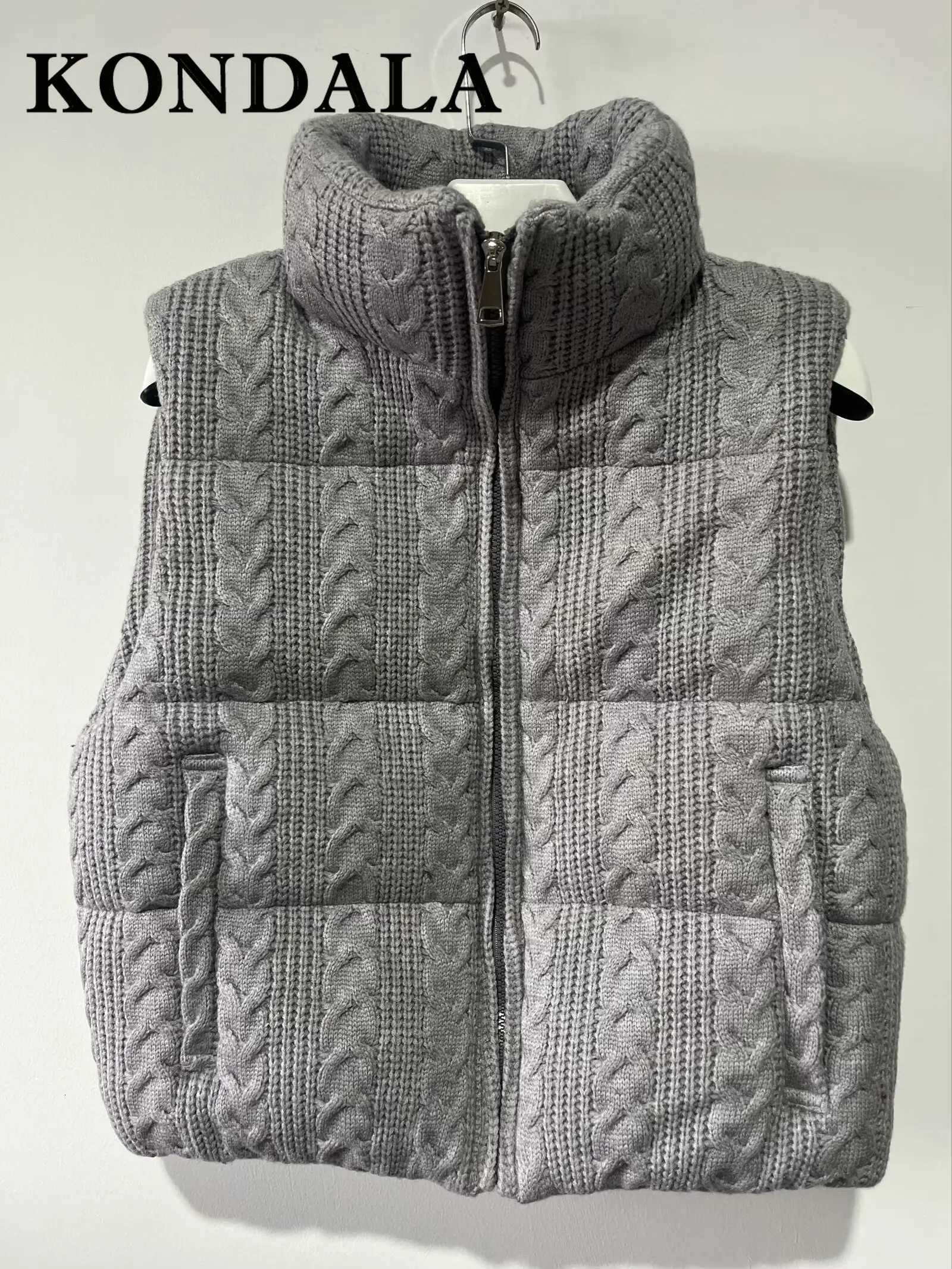 KONDALA Fashion 2025 Winter Solid Cotton Vest Knit Zipper Streetwear Turtleneck Pockets Sleeveless Jacket Casual Chic OutwearT251128